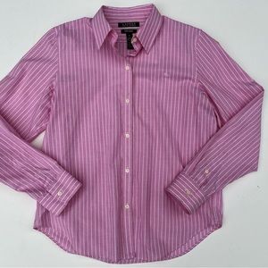 Lauren by Ralph Lauren sz M Non Iron Pink Stripe Oxford Shirt Blouse NWOT